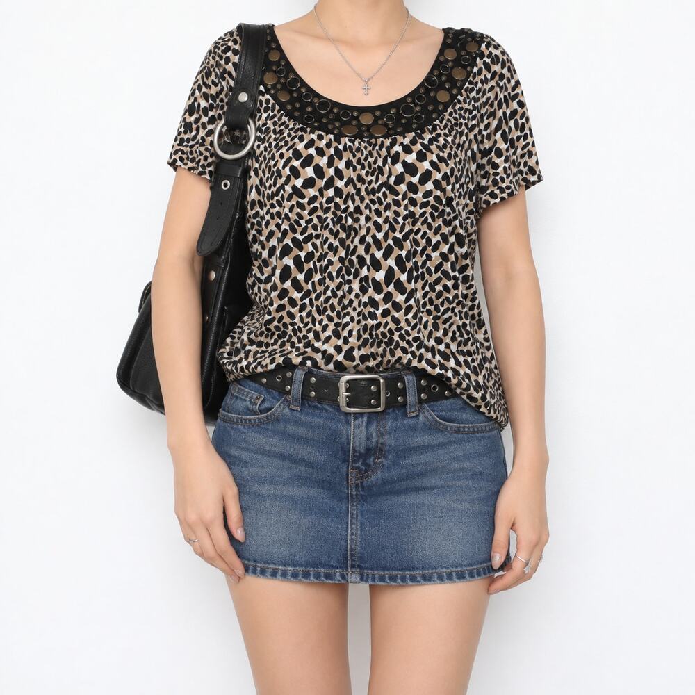 Vintage Y2K Leopard Print Studded Scoop Neck Tunic Top